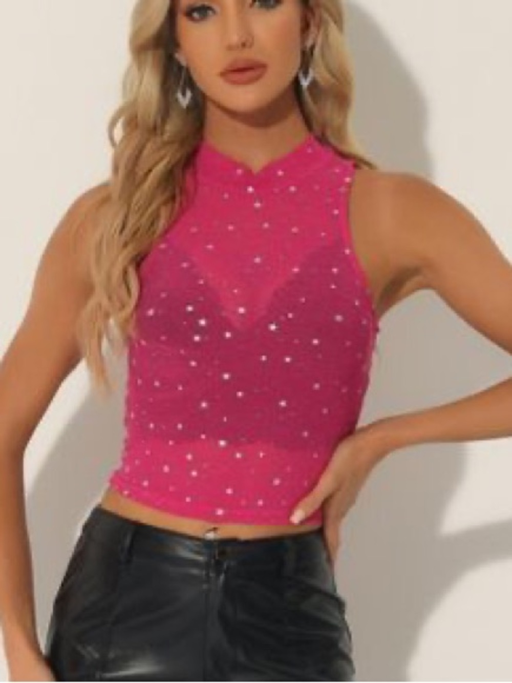 Sleeveless Pink Embellished Mesh Crop Top